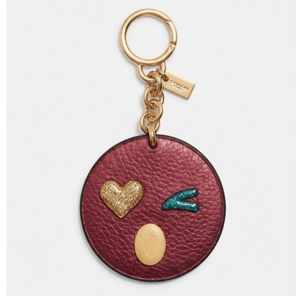 Coach Wink Emoji Bag Charm Metallic Burgundy Leather Heart Eye Keychain Face